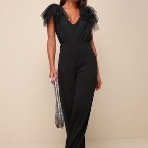Lulu’s Black Tulle Flutter Sleeve Straight Leg Jumpsuit | size M